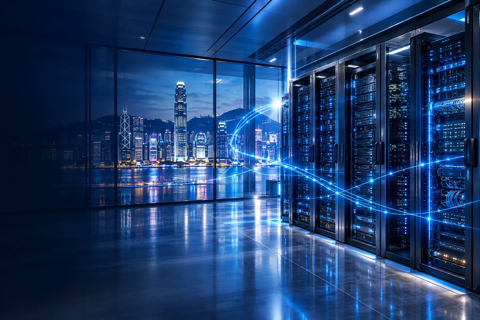 Enterprise IT infrastructure with Hong Kong skyline